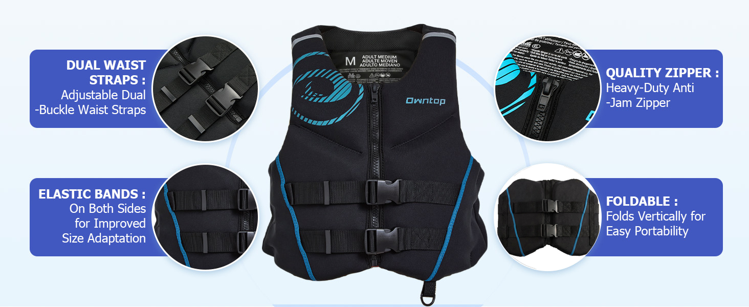 Спасальний жилет Owntop для дорослих XL | Легкий неопреновий жилет | Подвійний захист, для риболовлі, каякінгу, водних видів спорту сірий