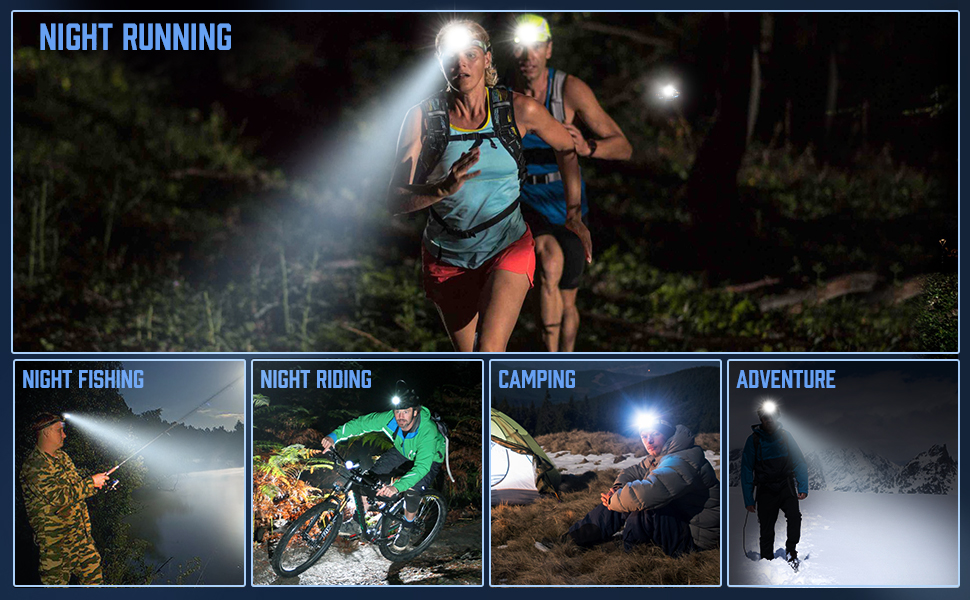 MIAOKE Фронтальний ліхтар налобний світлодіодний USB перезаряжається 100000 люменів, водонепроникний IPX5, 4 режими, індикатор заряду та сигнальний ліхтар для дорослих, бігу, активного відпочинку, кемпінгу, риболовлі та походів (Синій)