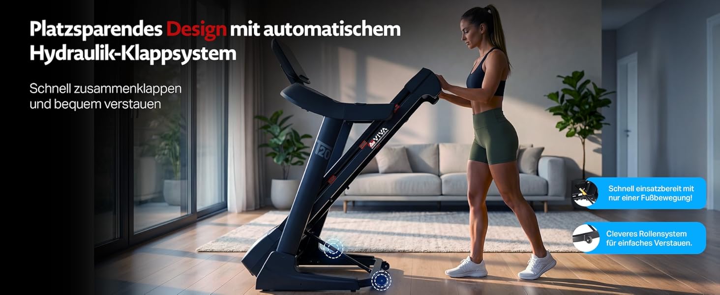 Бігова доріжка AsVIVA T20 Pro для дому: складана, швидкість до 18 км/год, нахил 20%, амортизація, макс. вага 150 кг, тренажер для кардіо та витривалості