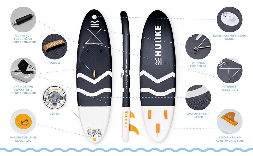 Надувний SUP-борд HUIIKE Stand Up Paddle Board з аксесуарами: весло, фіни, насос. Стабільний та міцний SUP-борд 305x84x15 см, до 130 кг. Enjoyer Black - Essential