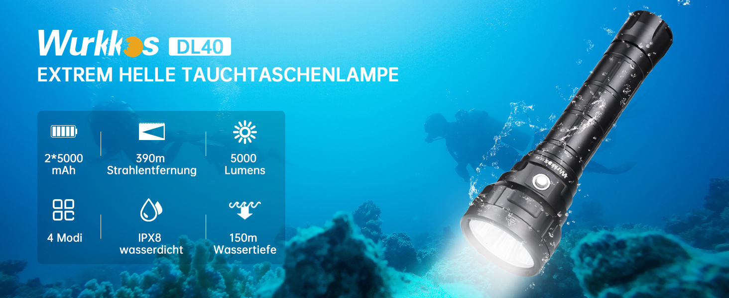 Ліхтар під водою Wurkkos Tauchlampe - 150 метрів, 5000 люмен, 4 LED LH351D, акумуляторний, з зарядним пристроєм