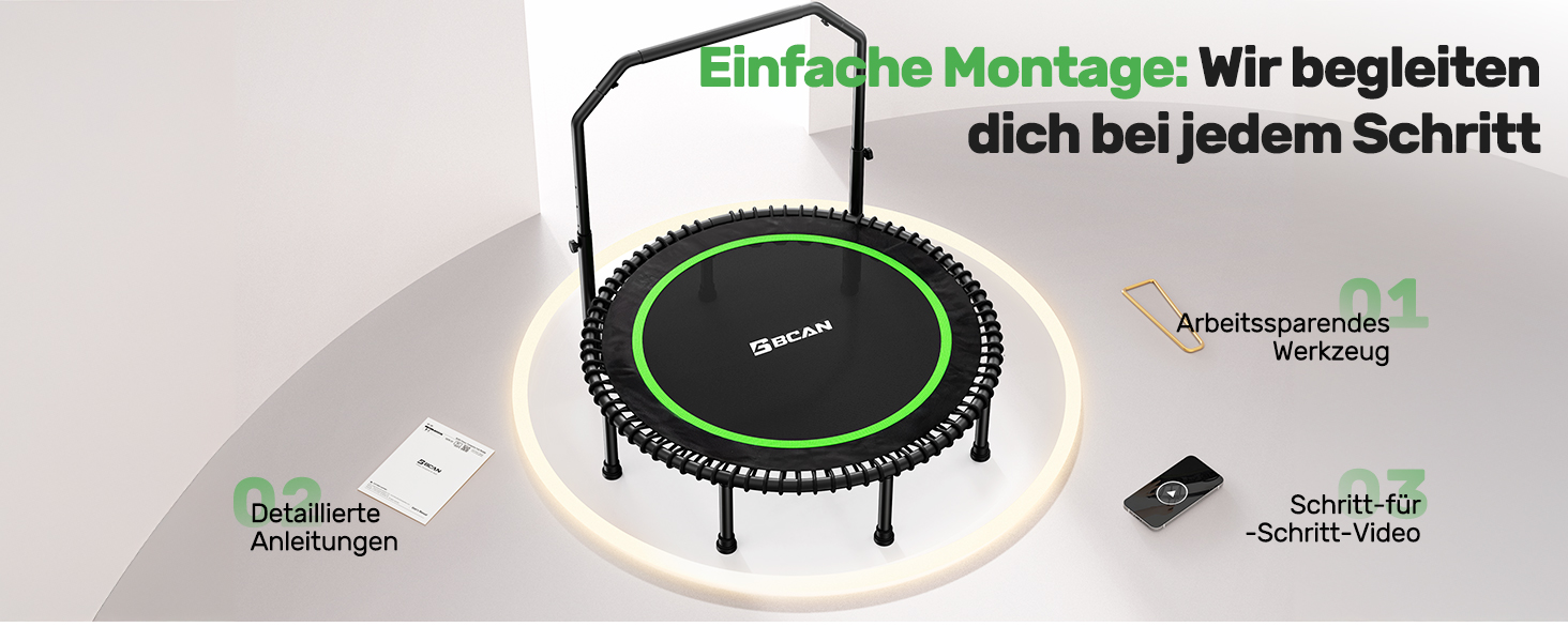 Трамплін для дорослих BCAN Rebounder 122 см, до 250 кг, з регульованою ручкою, для дому та вулиці, тренування всього тіла, зелений