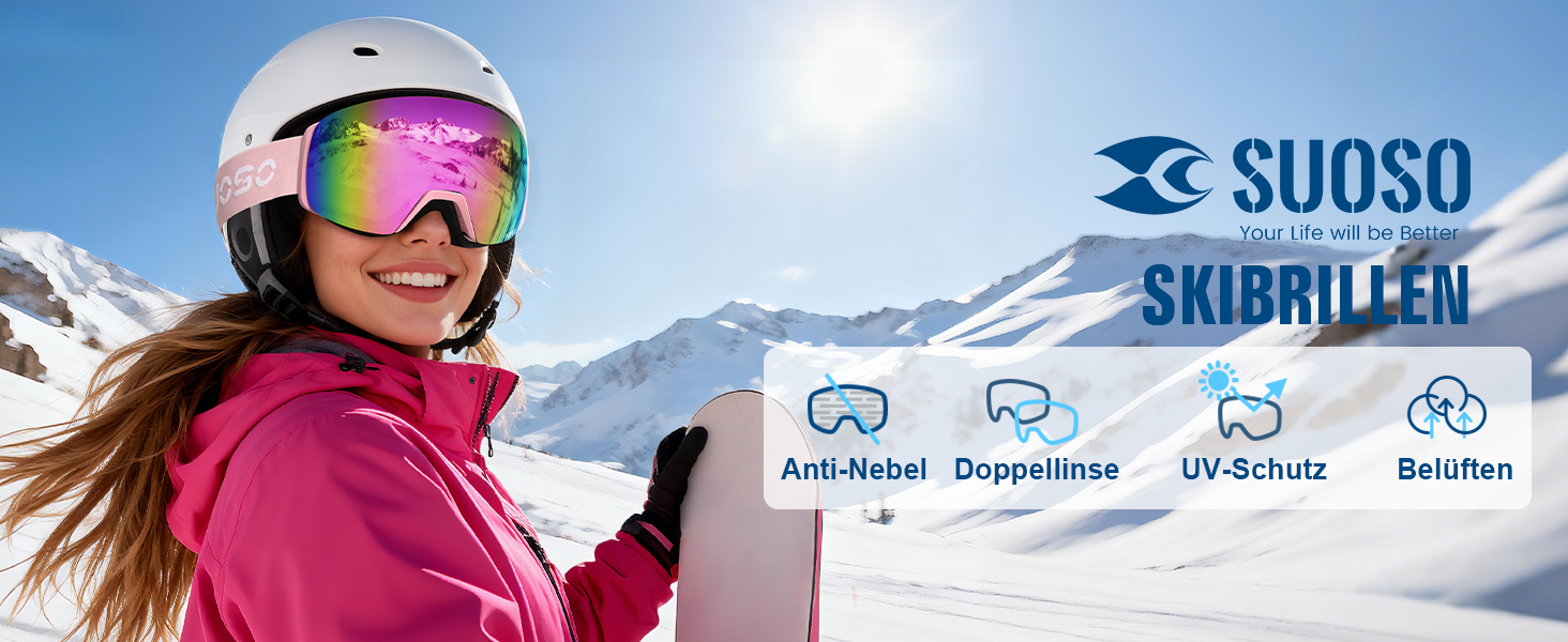Скі-маска Suoso OTG для чоловіків та жінок - скі-окуляри з UV-захистом, антизапітніння, сумісні з шоломом, чорно-синій