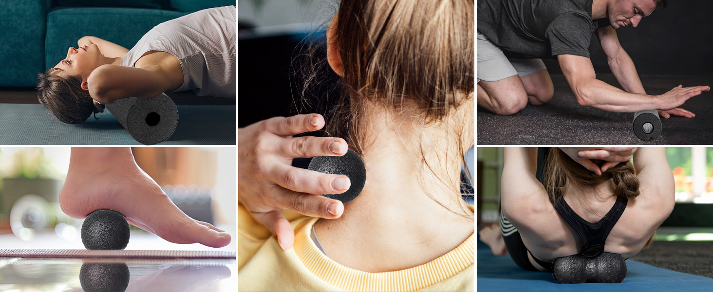 Набір для міофасціального релаксу: Foam Roller, м'ячик для фасції, міні-ролик, дуобол, для йоги та масажу (Синій/Чорний)