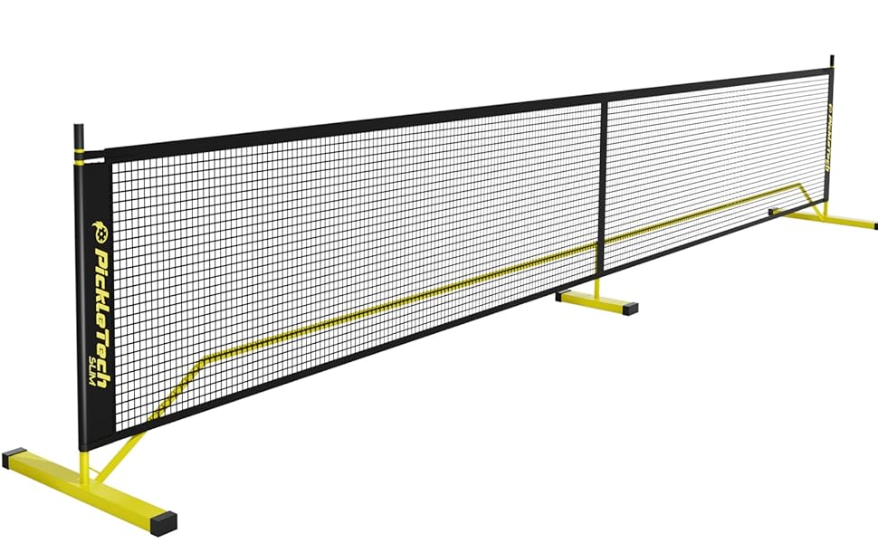 PickleTech М'яка портативна сітка для піклболу Slim 4.0-6,7 м - сітка для турнірів - міцна - з сумкою - професійне обладнання для піклболу - комплект для ігрового поля (22FT-4.0 Slim-Жовтий)