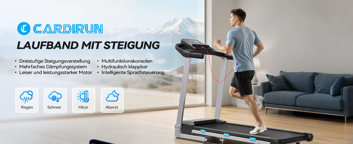 Біговий доріжки для дому Cardirun 3.0PS, 12 км/год, нахил 10%, до 160 кг, LED-дисплей, APP, Bluetooth, тиха, срільно-чорний