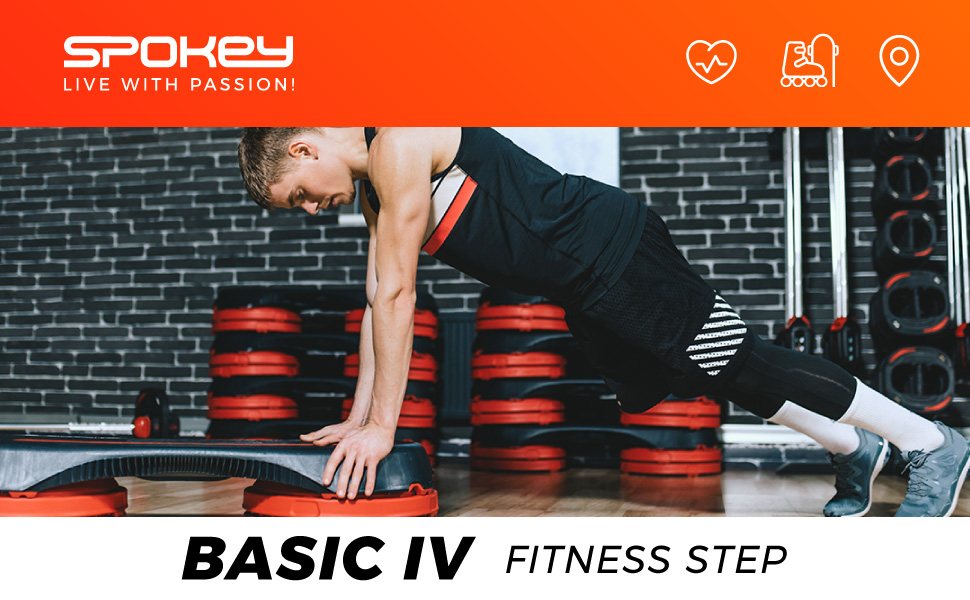 Степпер Spokey Aerobic BASIC IV, L67 x W27 см, 2 сходинки на тренувальну висоту 10 або 15 см, максимальне навантаження до 100 кг, протиковзка поверхня