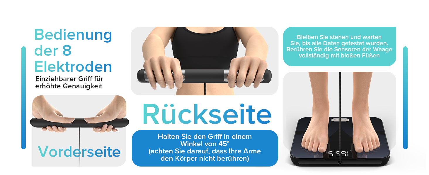 Вага для вимірювання складу тіла Posture, електронна вага для тіла з 8 електродами, вимірювання ваги, жиру, BMI та 28 показників тіла, LED-дисплей, чорний