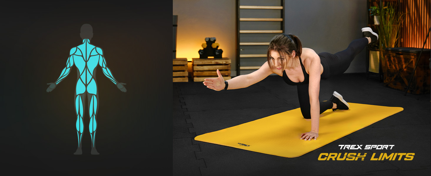 TREX SPORT Килимок для гімнастики та фітнесу, 190x80x1 см, жовтий | Килимок для йоги з неслизьким покриттям та ручкою для перенесення