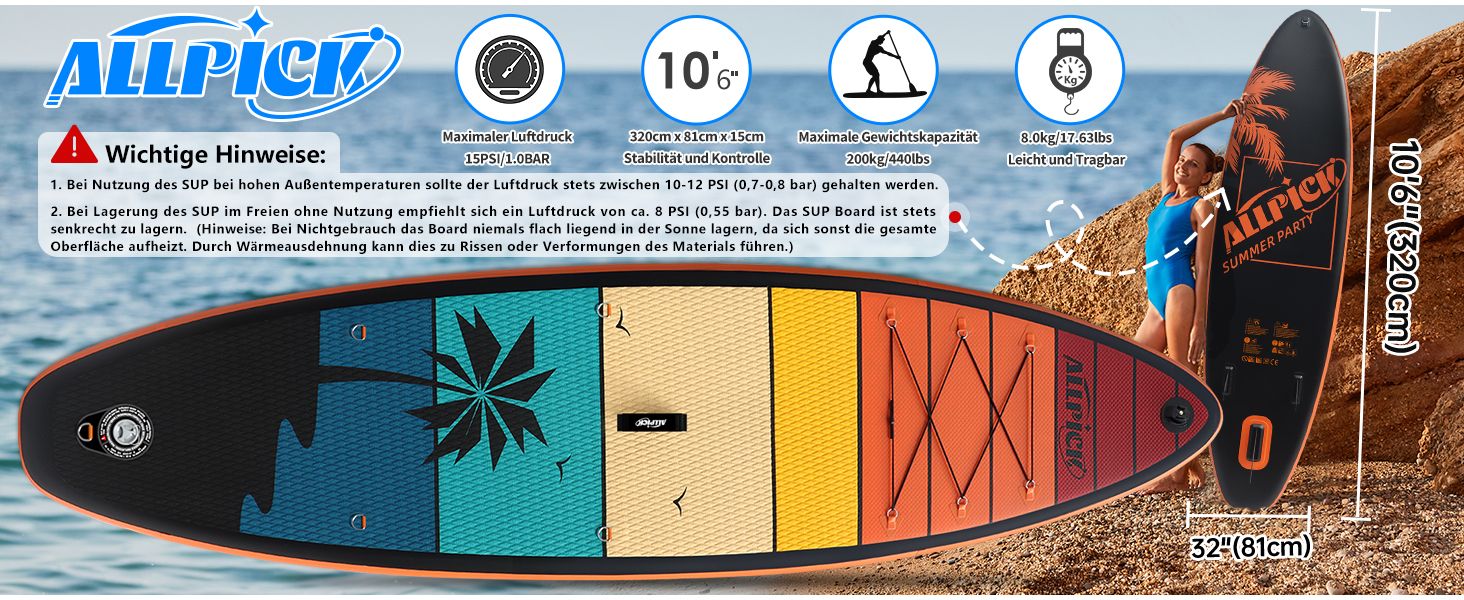 Надувний SUP-борд ALLPICK Premium з аксесуарами, кріпленням для камери та регульованим веслом (200 кг)