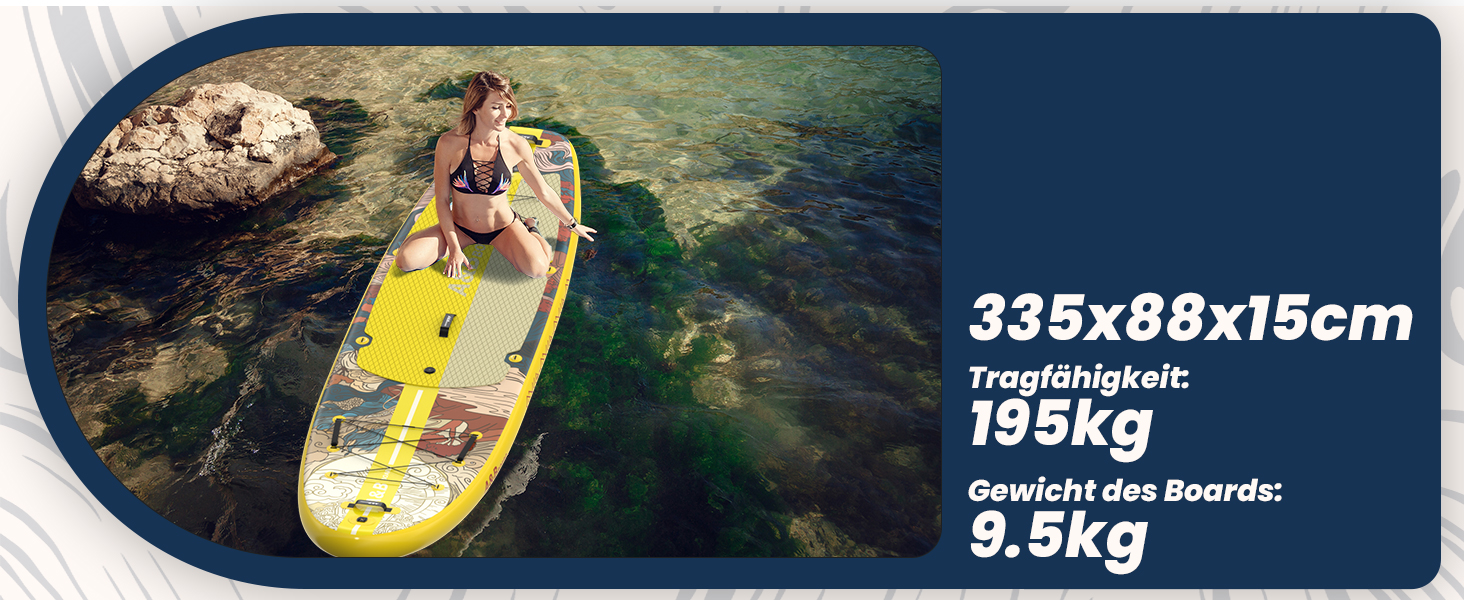 SUP дошка ABBOARD надувна 335 см, жовта - для 2 осіб, вантажопідйомність 200 кг, преміум комплект аксесуарів для початківців та сімейного відпочинку