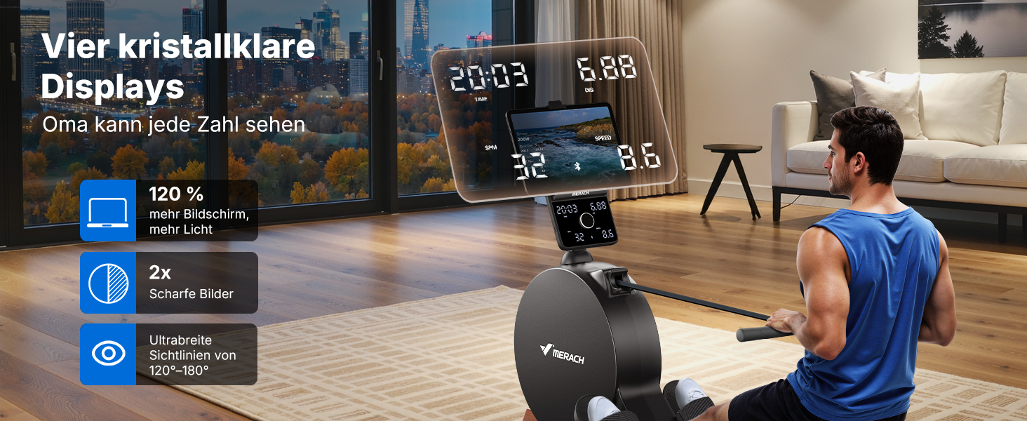 Гребний тренажер MERACH для дому з магнітним опором 60 кг, автоматичною регулюванням, LED-дисплеєм та подвійними дерев'яними рейками (R21)