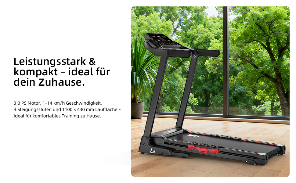 Біговий тренажер L3 для дому, складаний, з тихою амортизацією, Bluetooth, сумісний з Kinomap & Zwift, 4PS, до 20 км/год, кут нахилу 18%, розмір бігового полотна 1340x480 мм, до 120 кг