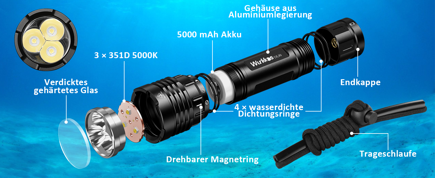 Ліхтар під водою Wurkkos DL30 3600 Lumen, IPX8, 3x LH351D LED, 5000K, з зарядним пристроєм