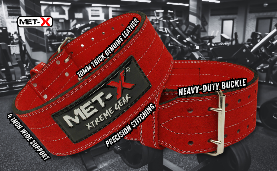 Пояс для важкої атлетики MET-x Premium Nubuck Leather Pro Power Lifting Belt Шкіряний ремінь, міцний, червоний