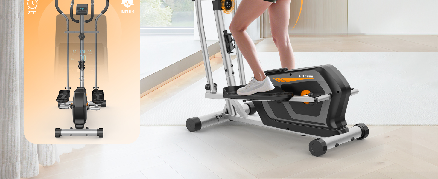 Еліптичний тренажер Neezee для дому з Bluetooth, 16 рівнів опору, 6 кг маховика, LCD-монітором, датчиком пульсу та тримачем для пляшок (Помаранчевий + Срібний)