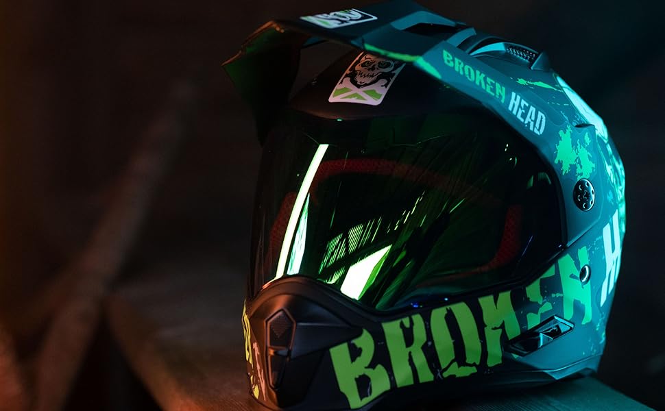 Шолом для мотокросу Broken Head Bone Crusher зелений з козирком та сонцезахисною шторкою – ендуро, MX, мотошолом