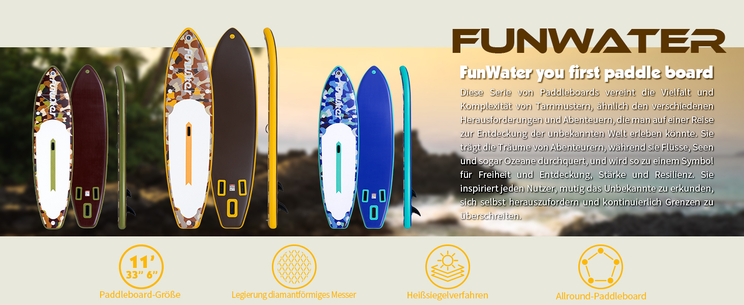 Надувний сапборд FunWater 11'10'6: Комплект для веслування, насос, сидіння, весло. Для дорослих, будь-якого рівня. Кольори: ADLER-SCHWARZ&GRAU, CAMO-GELB