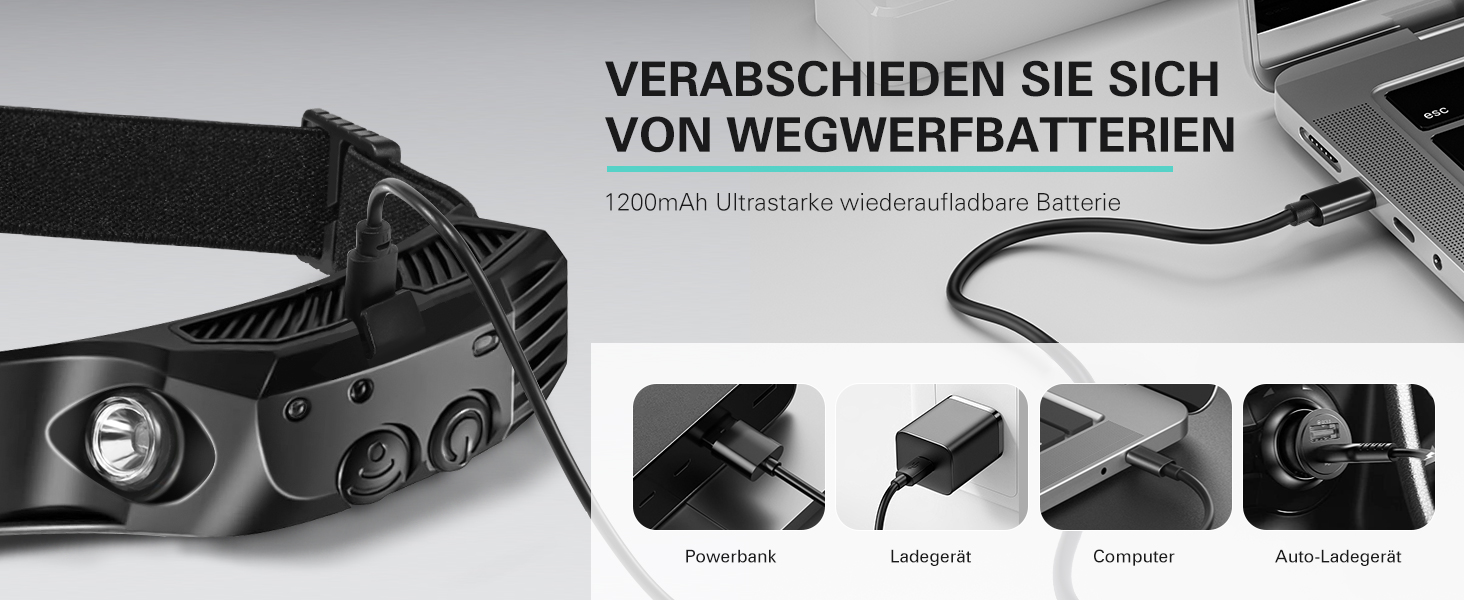 Налобний ліхтар Konqkin 2 шт. LED перезарядна головолампа з 10 режимами, IPX4, з датчиком та червоним світлом для кемпінгу, риболовлі та бігу, чорний