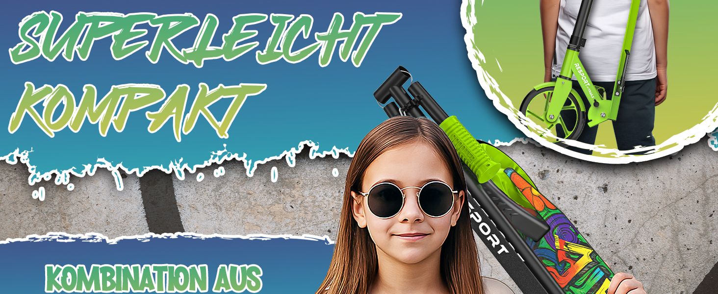 Дитячий та дорослий трюковий самокат Cityroller з дзвінком та ременем | Регульована висота, складаний, до 100 кг | Великі колеса, Kickscooter, турквіс