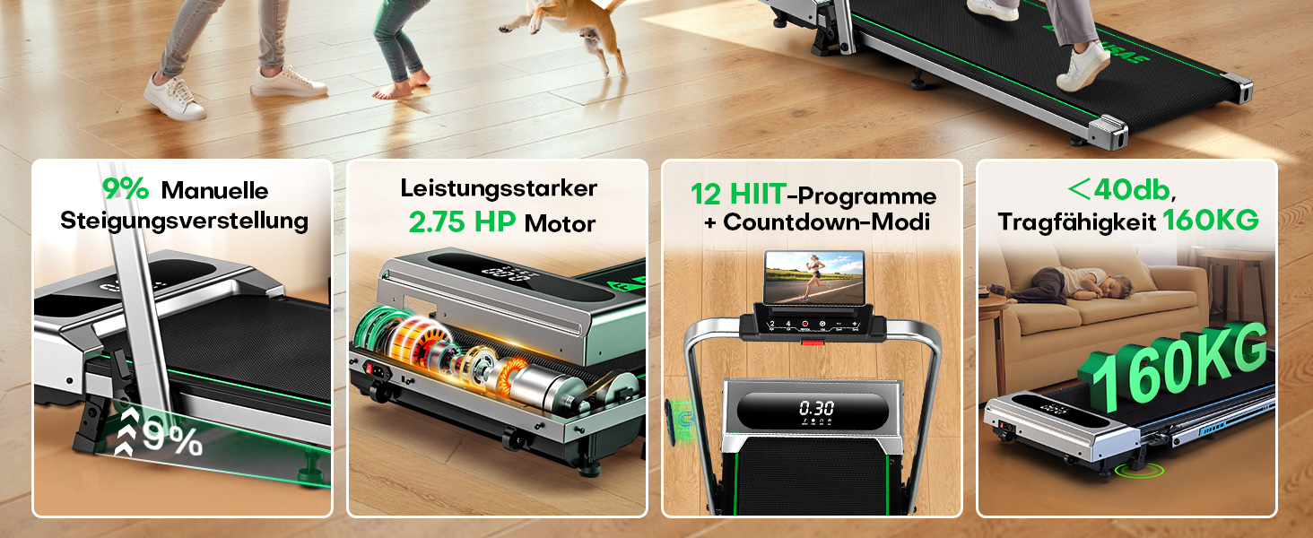 Біговий доріжка для дому 5-в-1, складана, з регулюванням нахилу 9%, потужність 2.75HP, LED-дисплей, сумісність з додатком, 12 програм, чорно-синій колір