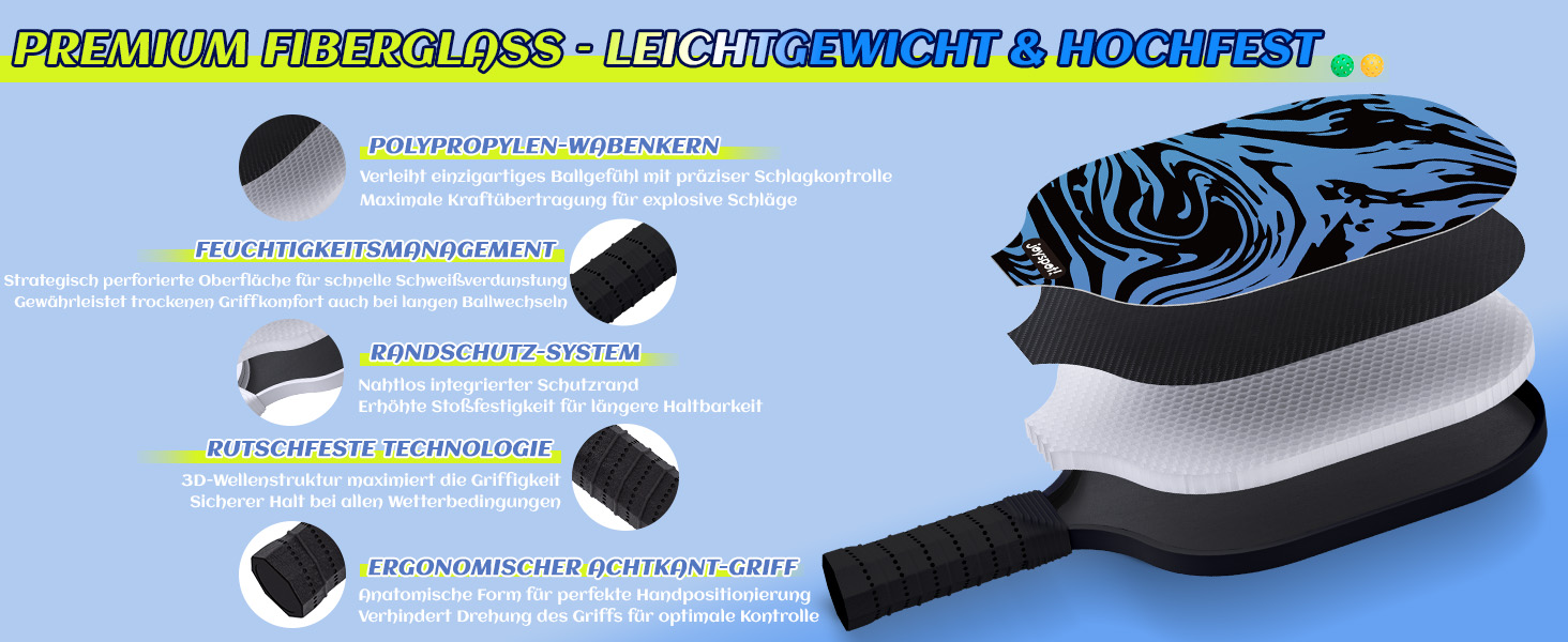 Набір для піклболу JOY SPOT! 2 ракетки, 4 м'ячі, сумка – Легкі ракетки з фібергласовою поверхнею для чоловіків, жінок та початківців – Ідеально для гри в приміщенні та на вулиці