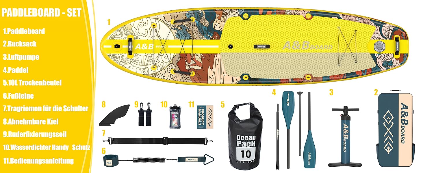 Надувний SUP-борд A&BBOARD з аксесуарами: насос, рюкзак, стабільний дизайн. Підходить для молоді та дорослих (жовтий + дракон)