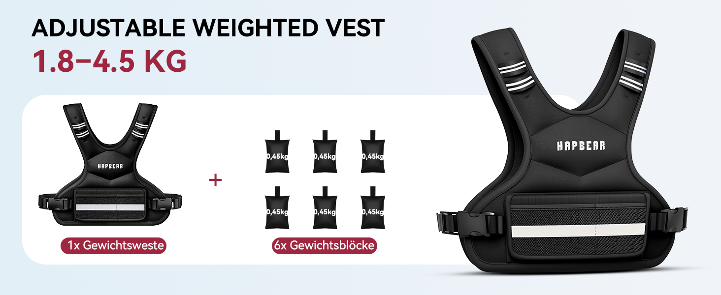 Вага для тренувань HAPBEAR регульована, 1.8–4.5 кг, для чоловіків та жінок, з кишенею для гантелі, ідеальна для фітнесу, силових тренувань, бігу та схуднення, чорна