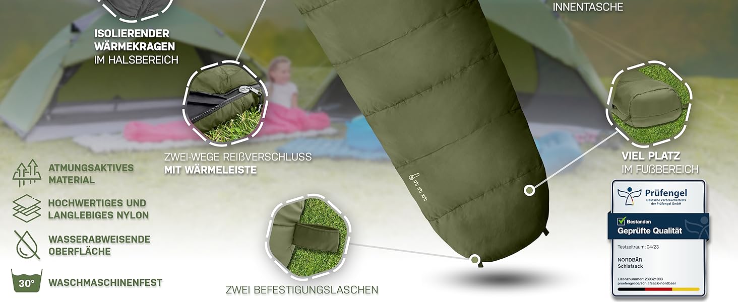 Сплячий мішок NORDBÄR® 3 сезони/літо, ультралегкий [750г/1500г] | Спальний мішок-кокон для кемпінгу | Компактний | Для подорожей, туризму, гірських хат | Літній спальний мішок, зелений (оливковий)
