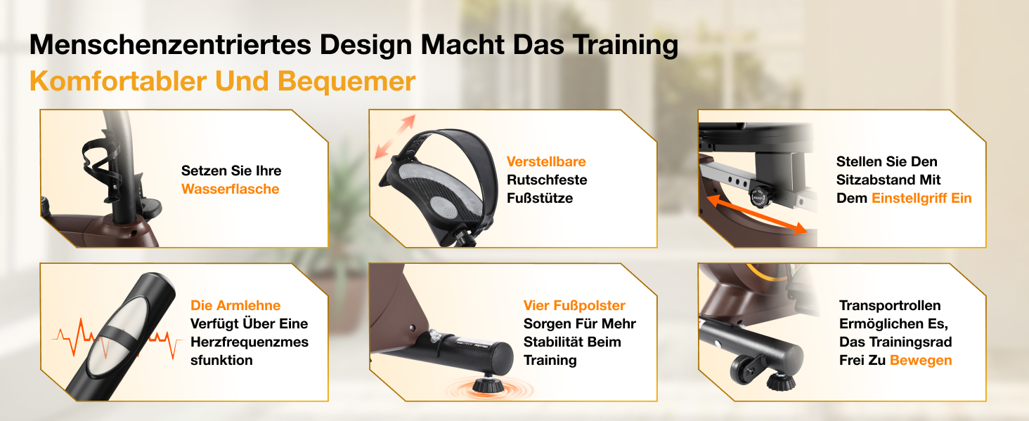 Ергометр для дому з магнітною гальмом, датчиками пульсу та LCD-дисплеєм, 15 рівнів опору, з підніжкою для спини, для людей похилого віку. Міцна конструкція, декілька налаштувань, колір горіх.