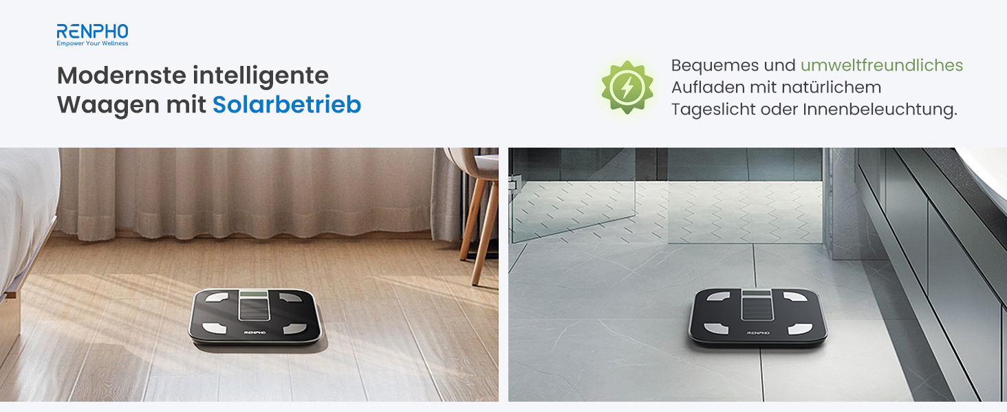 Електрична вага RENPHO з вимірюванням жиру, сонячна, точність 50г, до 180кг, з додатком, чорна