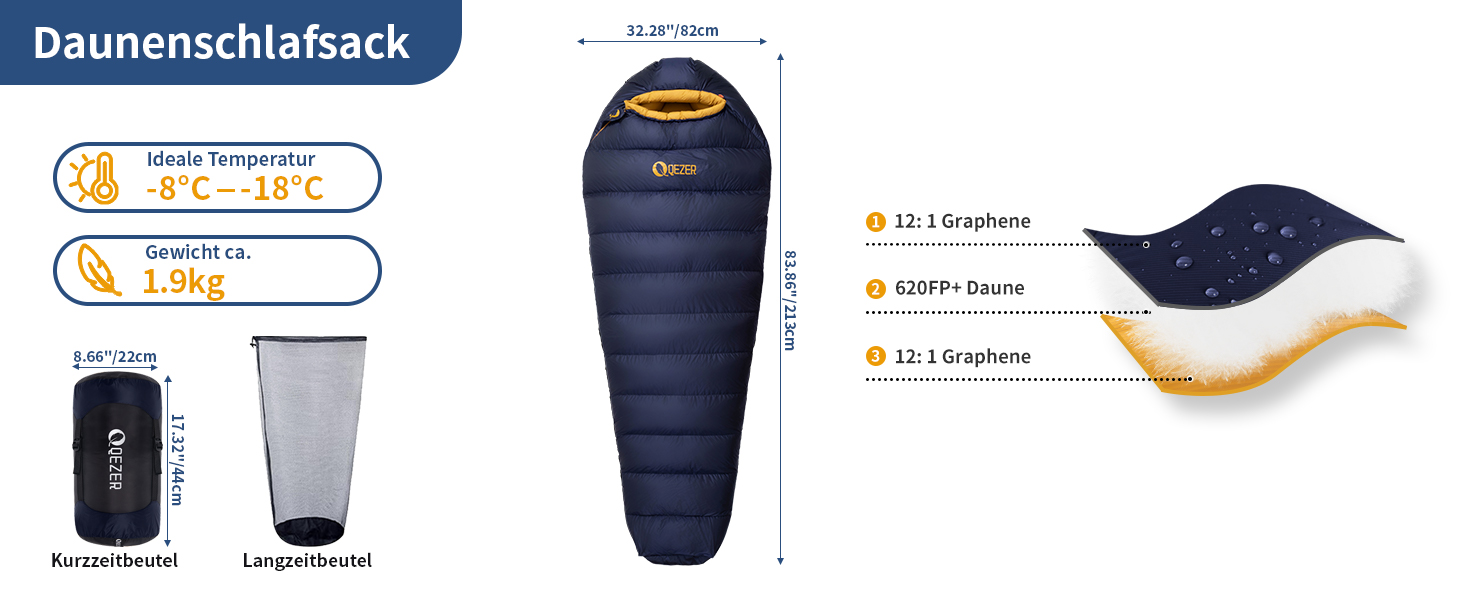 Спальник зимовий Daunenschlafsack з графеновим покриттям, -24°C, 1500г пуху, темно-синій - для кемпінгу, туризму та трекінгу