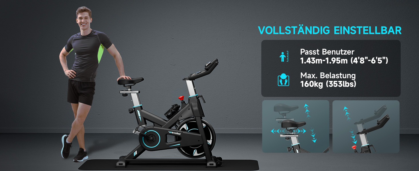 Велотренажер Wenoker з APP, магнітний опір, для дому, Indoor Bike, LCD-дисплей, вантажопідйомність 160 кг, турквіс