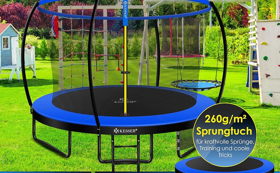 Трамплін KESSER® Ø 244/305/366/427 см з сіткою | Сертифікат TÜV Rheinland GS | Для дітей до 150 кг | Садовий, дитячий | Комплект