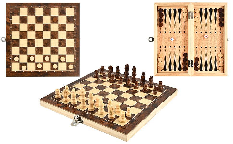 Шаховий набір з дерева 3 в 1: шахи, шашки, настільна гра. Преміум якість, складаний, для дітей та дорослих. Розмір 34 см.