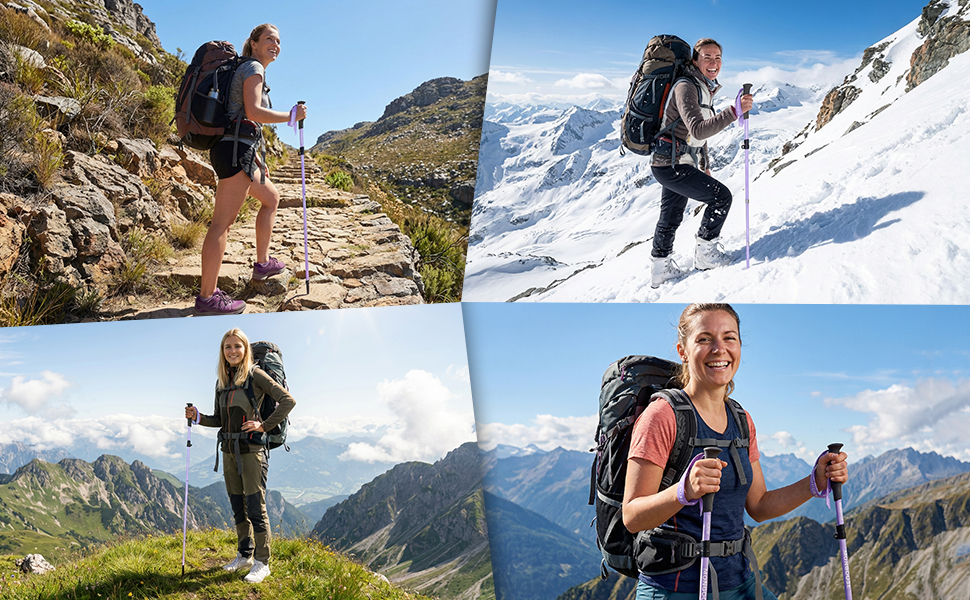 Телескопічна палиця для скандинавської ходьби Qoosea для жінок, вуглецеве волокно, складана трекінгова палиця 110-125 см з гумовим наконечником та сумкою (фіолетова)