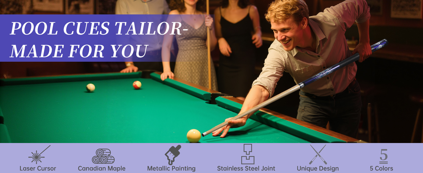 Набір більярдних київ Kmise Pool-Queue-Stick Set – 147 см, канадський клен, професійні, для дорослих, різні кольори, для барів, дому, більярдних столів, 6 кольорів, 510 г