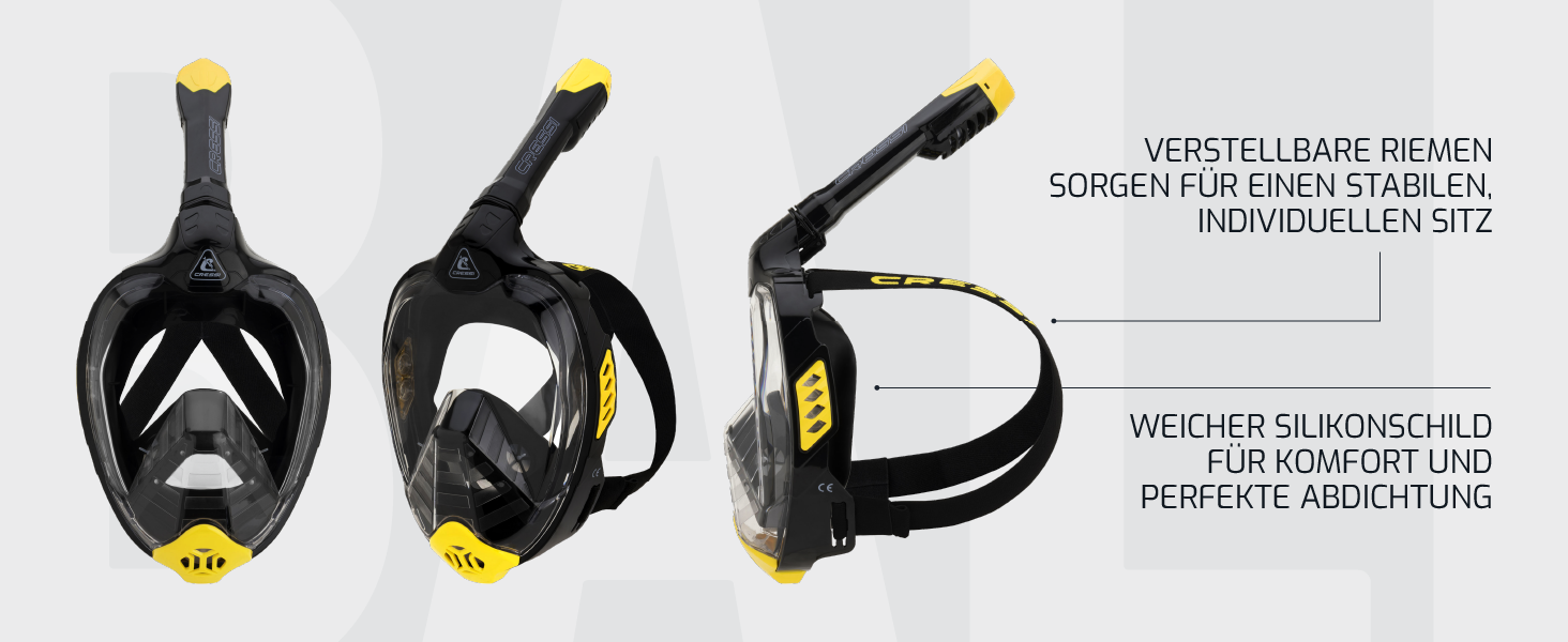 Маска Cressi Bali для снорклінгу Full Face з кріпленням для камери - 100% силікон, чорно-сіра, S/M