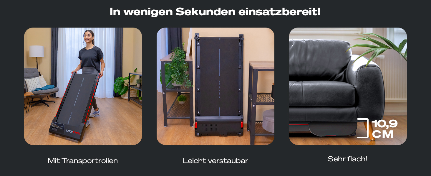 Бігова доріжка Sportstech Walking Pad до 6 км/год, ручний нахил 9%, дистанційне та додаткова керування, LCD-дисплей, крокомір, компактна, на колесах, до 120 кг