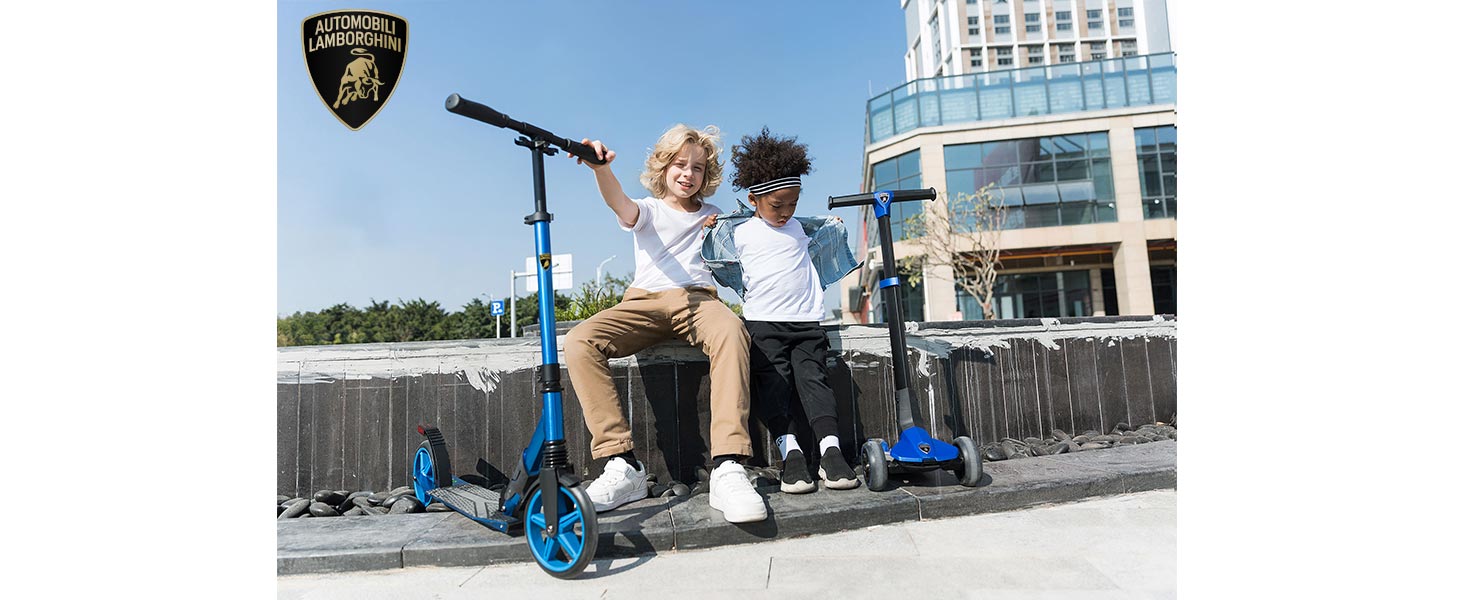 Скутер Lamborghini Tretroller Cityroller з великим колесом, складаний, регульована висота, для дорослих та дітей, з підставкою, передньою амортизацією та гальмом на задньому колесі, синій, до 100 кг
