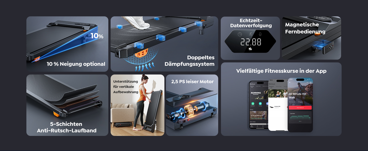 Бігова доріжка для дому, Walking Pad з нахилом до 10%, швидкість 1-6 км/год, тихий 2.5HP мотор, керування через додаток, LED-дисплей, вантажопідйомність до 130 кг, компактний, потрійна амортизація, бігова доріжка для дому/офісу, жовтий