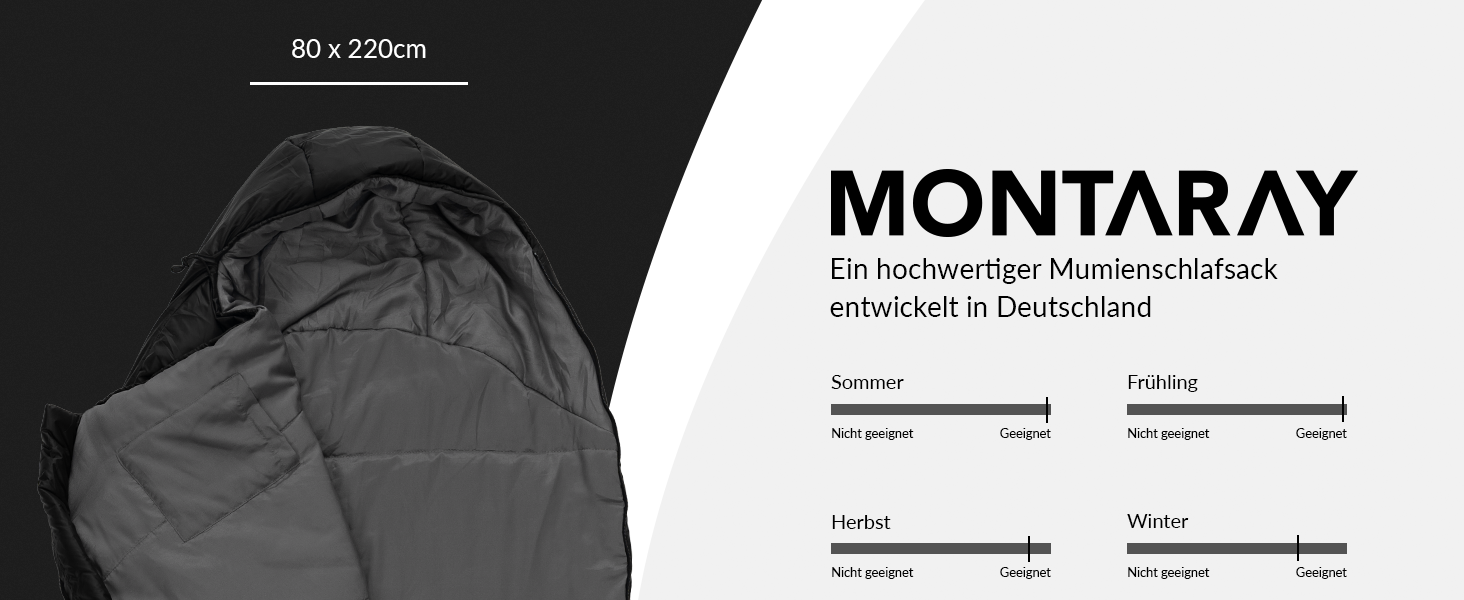 Спальний мішок MONTARAY® Mumiya [8°C - -5°C] з подушкою для 3-4 сезонів [300GSM] - Outdoor зимовий та літній спальний мішок (80x220cm) - Дека- та ковдровий спальний мішок для жінок та чоловіків (теплий), Чорний