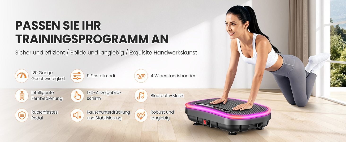 Платформа для вібраційного масажу для схуднення з еластичними стрічками, 9 режимів, 120 рівнів інтенсивності, Bluetooth, LED-дисплей, 150 кг, срібна