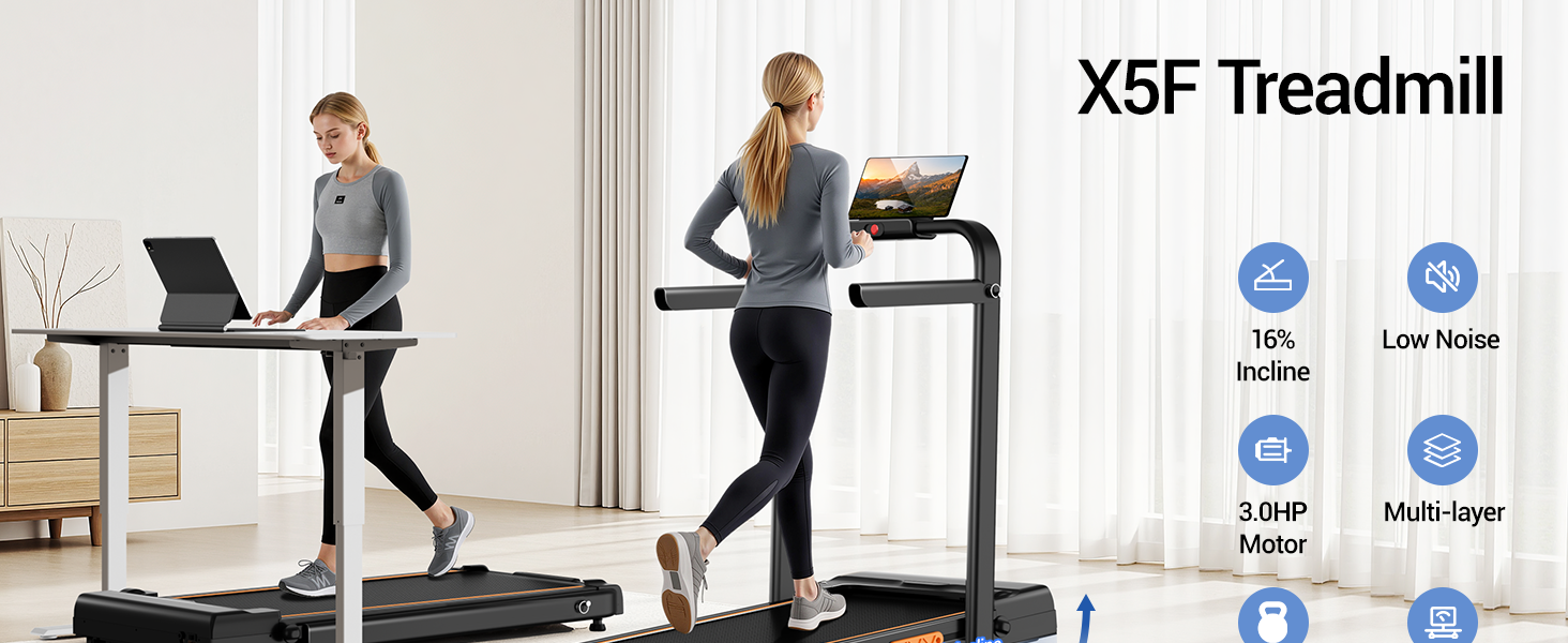 Біговий тренажер UMAY для дому, складаний, з нахилом 16%, 10 км/год, з пультом ДУ, LED-дисплеєм, з поручнями, потужність 2.5CV, максимальне навантаження 136 кг, 4 в 1