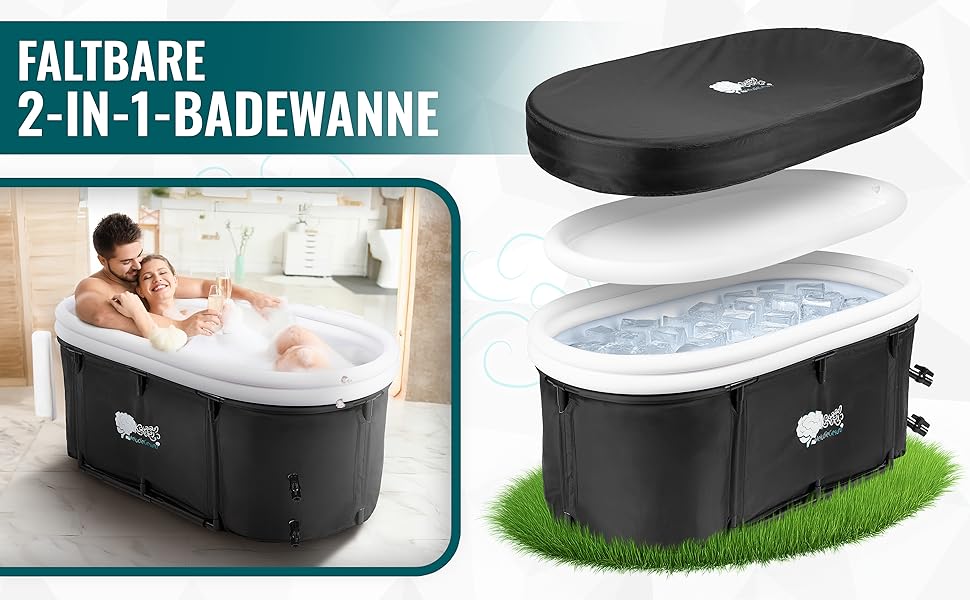 Зручна складана ванна для дорослих 147x74x60 см – комплект з аксесуарами для теплої та холодної ванни, портативна, для дому та відпочинку на природі, чорно-біла, MelodieGesund