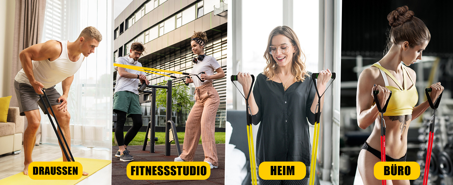 Набір еластичних стрічок для фітнесу Fokky Fitnessbänder: для силових тренувань, йоги, пілатесу. 5 стрічок, дверний анкер, захисні накладки, ручки.