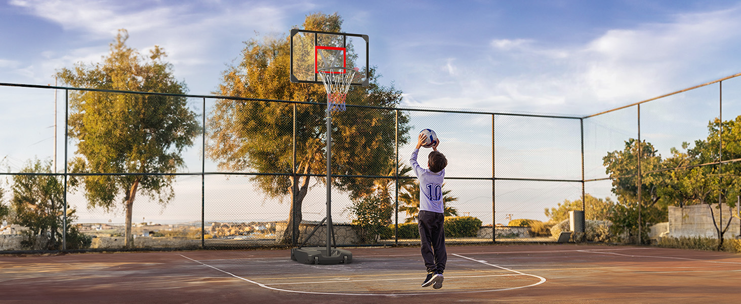 Баскетбольний кошик вуличний дитячий/підлітковий на колесах, регульована висота 147-260 см, з полікарбонатною щитом 82x53 см та розширеною основою, чорно-червоний