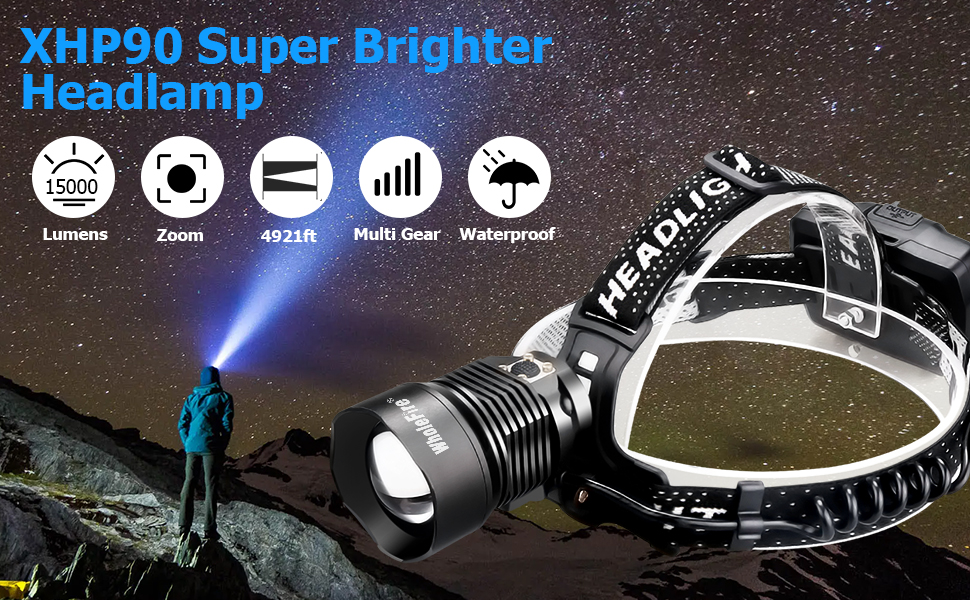 LED налобний ліхтар WholeFire XHP90 з 3 режимами, 15000 люменів, USB, водонепроникний, з регулюванням фокусу, потужний, для кемпінгу, бігу та іншого
