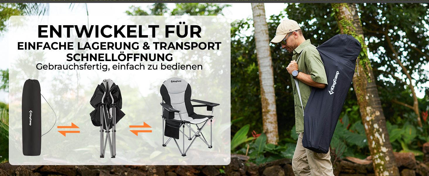 Складний туристичний стілець KingCamp для відпочинку, риболовлі та саду. Міцний, з регульованою підтримкою попереку, кишенькою-холодильником та підлокітниками. Максимальне навантаження: 205 кг. Чорний класичний колір.