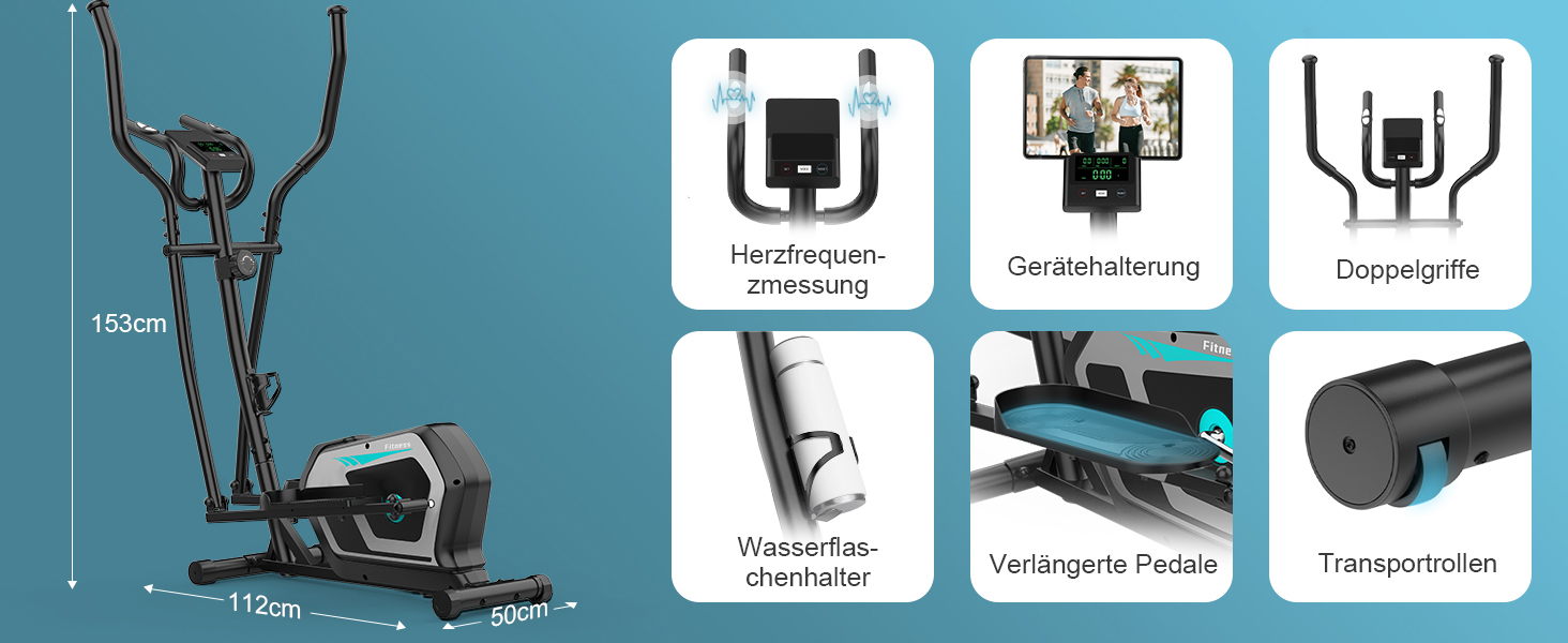 Еліптичний тренажер Crosstrainer 3-в-1 з LCD-монітором та Bluetooth, 16 рівнів опору, 6 кг маховик, до 130 кг, чорний